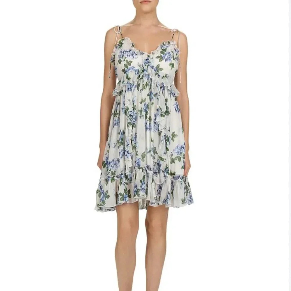 The Kooples Dress Sleeveless Ruffle Mini Floral Flowers White Blue Size 3 Large